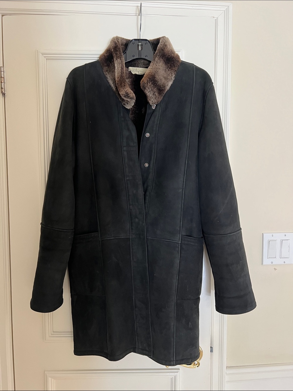 Women’s Black Shearling Coat with Brown Fur Collar